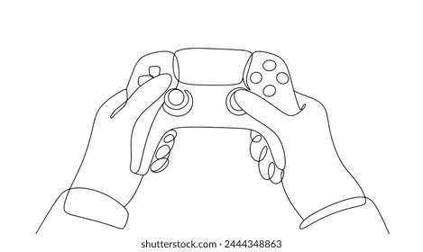 A man holds a gamepad in his hands. Gaming device for controlling video games. Rest and leisure. Simple line drawing.