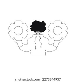 El hombre sostiene los engranajes en las manos; ilustración vectorial de estilo lineal.