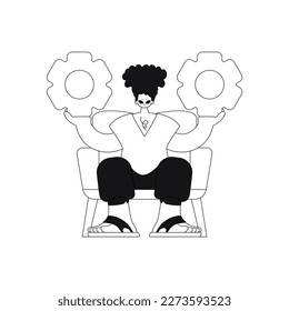 Man holds gears in hands; linear vector illustration.