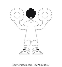 El hombre sujeta los engranajes en la ilustración vectorial lineal de las manos.