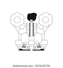 El hombre sostiene los engranajes en las manos. Ilustración vectorial de estilo lineal.