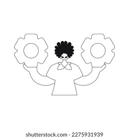 Man holds gears in his hands. Linear vector illustration.