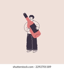 Ein Mann hält eine Riesenflasche Wein. Cute Charakter im trendigen Stil. Vektorgrafik einzeln für Weindesign.