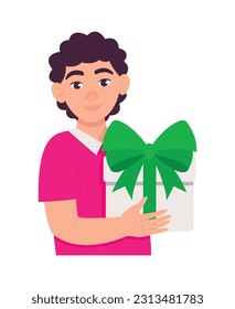 Man holds a gift box with a bow in his hands. Father's Day. Birthday. Holiday.