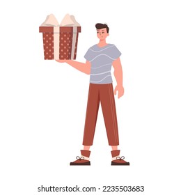 A man holds a gift box in his hands. Modern character style.