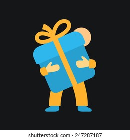 Man holds a gift box icon with bow.