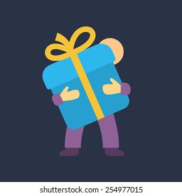 Man holds a gift box icon with bow.