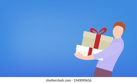 Man holds gift boxes isolated on blue background paper art style illustration vector