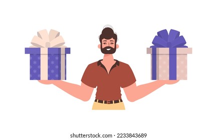 A man holds a gift in his hands. Modern flat vector illustration.
