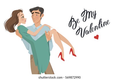 Man holds girl in his arms. Lovers. Valentine's Day,14 february. Cartoon style. Boy and girl. A declaration of love, romance,feelings, a pair of lovers