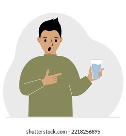 Un hombre sostiene un vaso de agua en su mano. El concepto de equilibrio hídrico y salud. Ilustración plana del vector