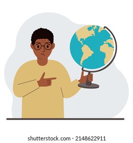 A man holds a globe in his hand and points his finger at it. The concept of education, teacher, world conquest, ecology. Vector flat illustration