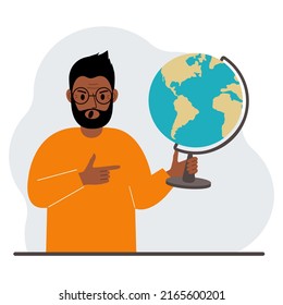 A man holds a globe in his hand and points his finger at it. The concept of education, teacher, world conquest, ecology. Vector flat illustration