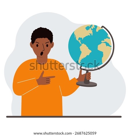A man holds a globe in his hand and points his finger at it. The concept of education, teacher, world conquest, ecology. Vector flat illustration