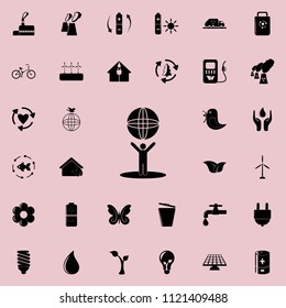man holds the globe in his hands icon. Detailed set of Ecology icons. Premium quality graphic design sign. One of the collection icons for websites, web design, mobile app on colored background