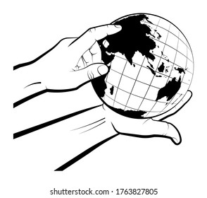 man holds a globe in his palm and points a route point with his finger. Choosing a destination for travel. Global view of the world. Isolated vector on white background