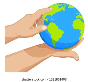 man holds globe in his palm and points a route point with his finger. Choosing a destination for travel. Global view of the world. Cartoon vector on white background