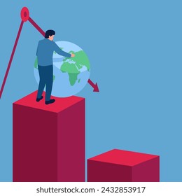 Man holds globe on top of graph so it doesn't fall down, illustration for global crisis.
