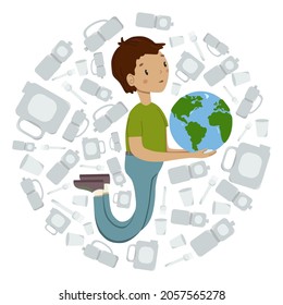 Man holds the globe and protects the planet from debris. A ball of garbage and plastic surrounds a person and people all over the world. Protection of nature from pollution.