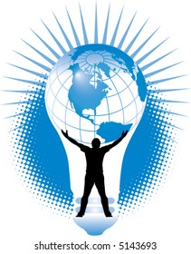 A man holds up a globe which is superimposed on a light bulb