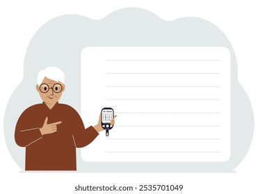 El hombre sostiene un glucómetro en la mano. El concepto de control del azúcar en la sangre, diabético. Ilustración plana de Vector
