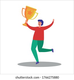 A man holds a gold Cup in his hands and jumps with joy, he is a winner. Flat vector illustration.