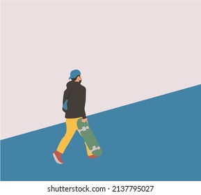 Man Holds A Green Skateboard In His Hand. Extreme Sport, Lifestyle, Active Leisure. Vector Flat Isolated Cartoon Illustration