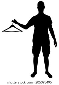 Man holds in hand empty cloth hanger, vector