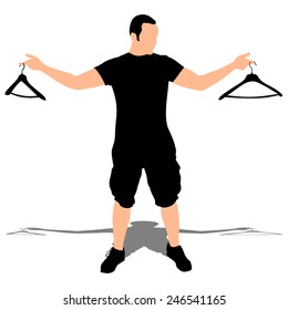 Man holds in hand empty cloth hanger, vector 