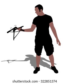Man holds in hand empty cloth hanger, vector 