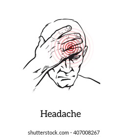 man holds hand on head, concept of illness. black and white sketch illustration of a human head, concept of disease and headaches, vector
