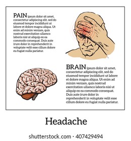 man holds hand on head, concept of illness. Color sketch illustration of a human head, concept of disease and headaches, vector