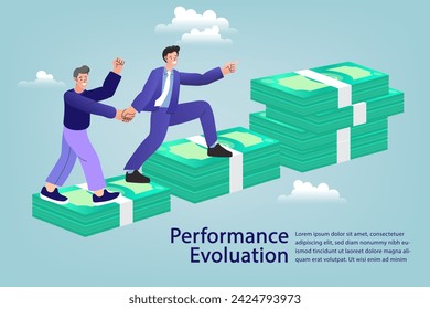 Man holds hands while walking on a pile of banknotes. businessman walking on top of growth graph with stack of banknote. success investment. Flat style vector illustration.