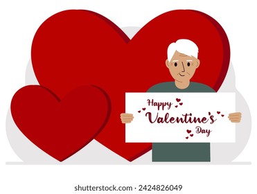 A man holds a Happy Valentine's Day greeting against a background of red hearts.