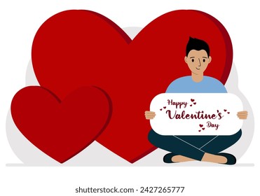 A man holds a Happy Valentine's Day greeting against a background of red hearts.