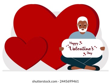 Un hombre sostiene un saludo de Feliz Día de San Valentín contra un fondo de corazones rojos. Ilustración plana de Vector