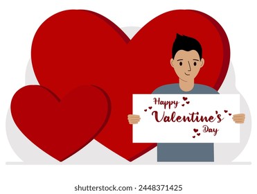 Un hombre sostiene un saludo de Feliz Día de San Valentín contra un fondo de corazones rojos. Ilustración plana de Vector