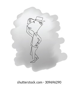 Man holds hat pen drawing line sketch scanned