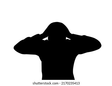 Man holds head because of headache, stress, frustrated, burnout. Negative emotions concept in trendy black silhouette