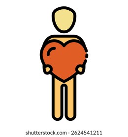 Man holds heart icon. Outline man holds heart vector icon color flat isolated