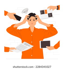 Man holds her head and feels stress about work deadlines illustration