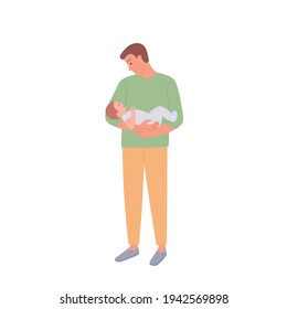 A man holds his baby in his arms. A small child looks at his father and smiles. Illustration of happy Father's Day. Cute characters full length height isolated on a white background.