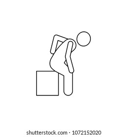 man holds his back and sits on a box icon. Element of man carries a box illustration. Premium quality graphic design icon. Signs and symbols collection icon for websites on white background