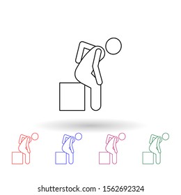 Man holds his back and sits on a box multi color icon. Simple thin line, outline vector of carrying and picking a box icons for ui and ux, website or mobile application