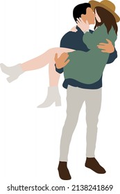
A man holds his beloved girl in a dress and hat in his arms