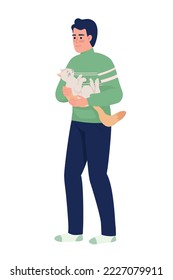 Man holds his cat semi flat color vector characters. Editable figures. Full body person on white. Lovely domestic animal simple cartoon style illustration for web graphic design and animation