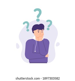 a man holds his chin and is thinking or confused. ask questions for answers. concept of FAQ or Frequently Asked Questions, people and question marks. flat style. vector design