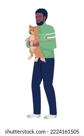 Man holds his dog semi flat color vector characters. Editable figures. Full body person on white. Lovely domestic animal simple cartoon style illustration for web graphic design and animation