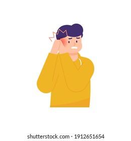 a man holds his ear because he feels aches and pains. the ear is swollen and red. illustrations of facial expressions of people who endure the pain. flat style. vector design element