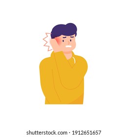 a man holds his ear because he feels aches and pains. the ear is swollen and red. illustrations of facial expressions of people who endure the pain. flat style. vector design element